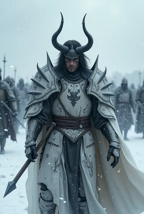 Man with shoulder length black hair, white and black armor, demonic horns, commanding army in the snow 