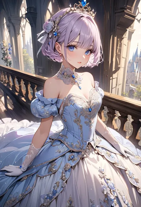 ((best quality)), ((Masterpiece)), (details), Young woman, alone, ( light purple hair, blue eyes, ((short hair)) , beautiful face, Beautiful skin, Long eyelashes, Thick eyelashes),  beautiful embroidery , ballgown , rococo style, princess, fantasy castle,C...