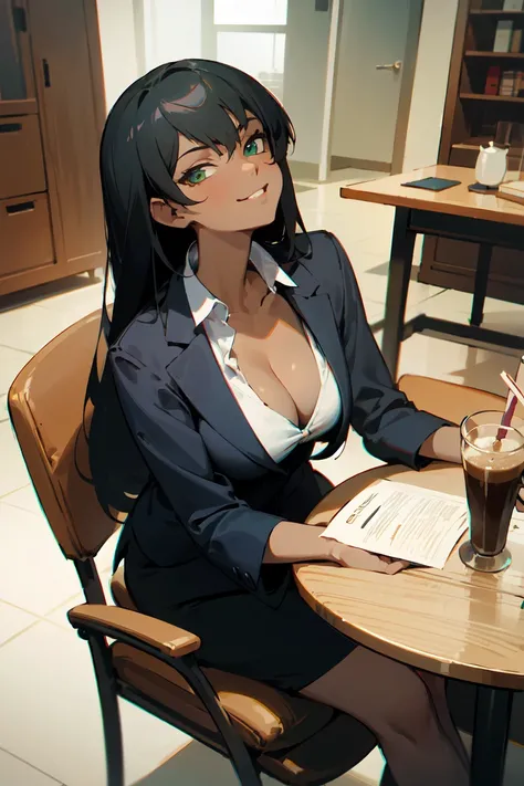 (masterpiece, best quality), highly detailed, Anime screencap, sfw, dutch angle, 1girl, green eyes, jet black hair, long hair, mature breasts, cleavage, dark skinned, office lady, office clothes, sitting, looking up, smirk, looking at viewer, (Coffe shop i...