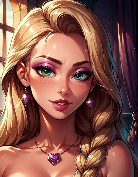 Dark Fantasy Art of score_9, score_8_up, score_7_up, rating_questionable, fantasy, lighting, epiCPhoto 1girl, very sexy Rapunzel, blonde, long thick braid, solo, cute, flirt, gaze, sexy look, half-closed eyes, head tilt, filled lips, thick lips, makeup, fa...