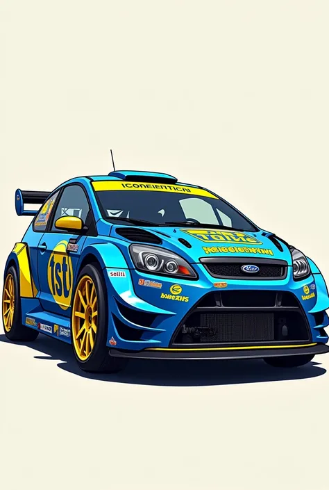 create a stylized illustration of a rally car, mirroring the design of Jan Čefelin&#39;s Icone Garage. The vehicle has a blue body with yellow and black details., including typical racing car stickers and sponsorships. The wheels are big and golden, and th...