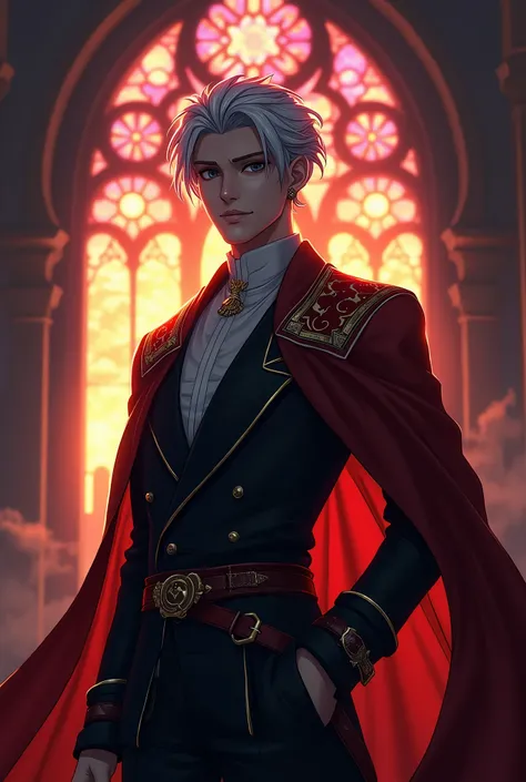 alhaitham (genshin impact), 1 male, (Solo:1.4), grey hair, standing in front of the stained glass window, dramatic sunset lighting