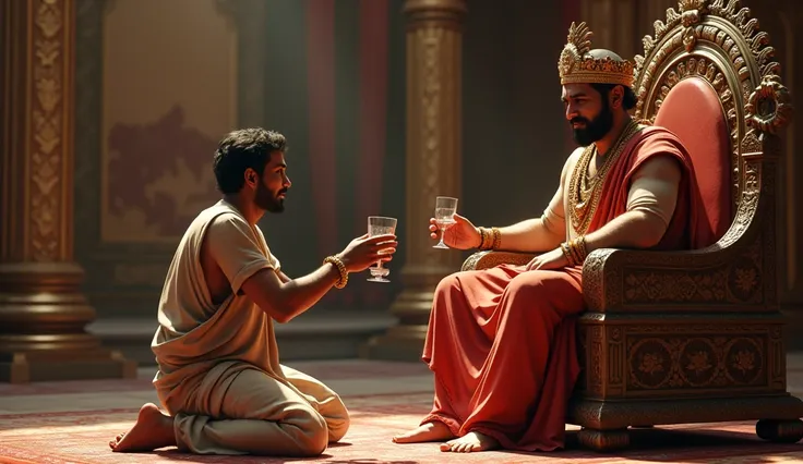 First century servent serving a glass of water to Indian king sitting on throne 