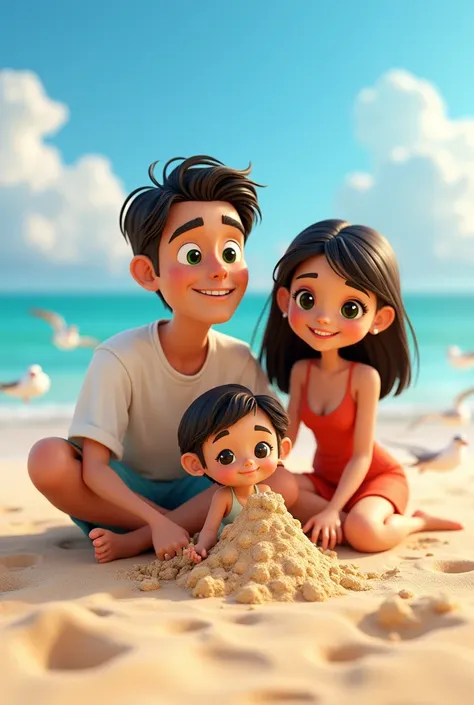 Create a Pixar-style family on the beach. The father is about 2 with dark brown wavy hair, the diamond-shaped face, big, deep green eyes, medium lips, normal nose. The mother is 2 with straight, hip-length black hair., the diamond-shaped face, big black ey...