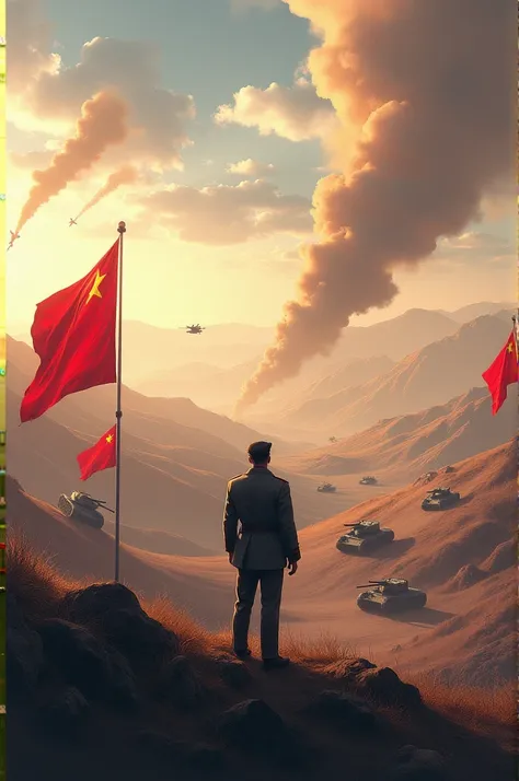 Panorama of a modern Chinese battlefield, where the commander gazes into the distance as the war rages on intensely. Military flags are flying, tanks are speeding, and planes are flying high in the sky.