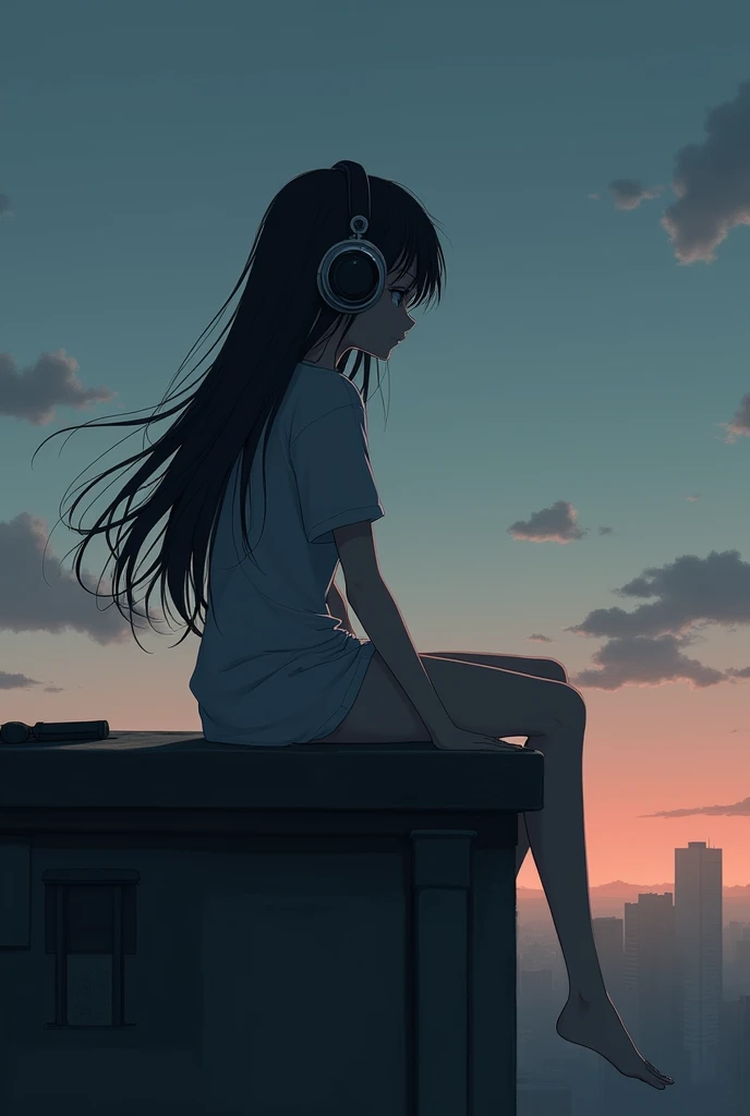 Create an image where I said anime girl is listening to a music keep the Colour contrast dark try to visualise a wide sky and roof top in the image. focus on the headset