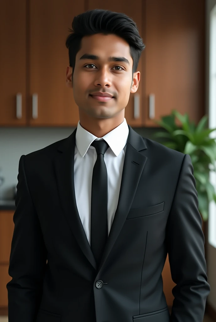 A 8k resolution professional photo of a 2, 1 Indian male with black hair. He is wearing a black suit, a white shirt, and a black tie. The background is a blurred office setting with wooden cabinets and a plant. The lighting is soft.