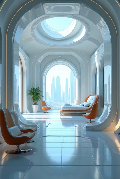 inside a beautiful and large room that has several chairs, mirrors and a bed in a big futuristic city with lots of unique and wonderful technology. 