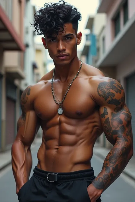 Handsome young man, grey brown brider eyes, wavy dark hair, medium brow n skin complexion, mix of haïtien and aisan nationality, blaisan, mésomorphe athletic fit hourglass bod Y, big hands, full bow shaped lip, full eyebrows, arms tattoos of butterfly key ...