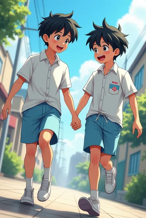 Two anime style Asian boys wearing white shirts and light blue shorts，And wearing Nike socks，They are all in adolescence