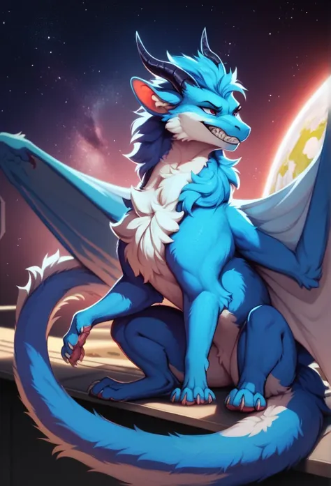 furry art, feral, furred dragon, female, full body, white and blue fur, thicc, wings, horns, tail, chest fluff, paws, fangs,  to...