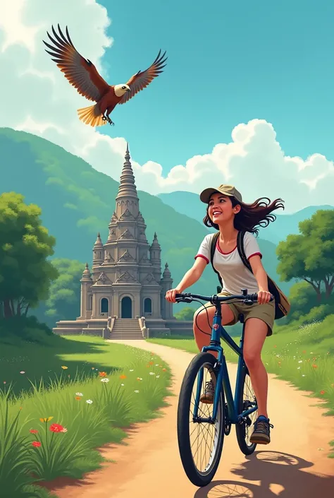 Girl half cloth . Go bike use phone&hand free in sri lanka back temple fling eagle