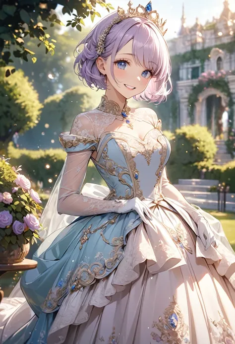 ((best quality)), ((Masterpiece)), (details), Young woman, alone, ( light purple hair, blue eyes, ((short hair)) , beautiful face, Beautiful skin, Long eyelashes, Thick eyelashes),  beautiful embroidery , ballgown , rococo style, princess, Standing in the ...