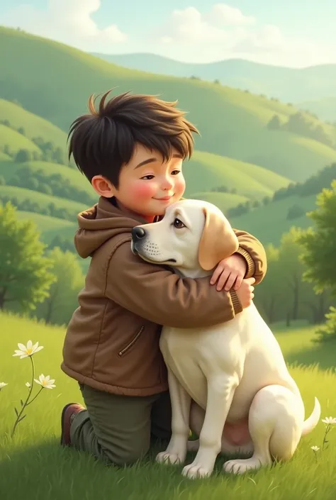 A chubby teen boy hugging a white labrador dog in green hills