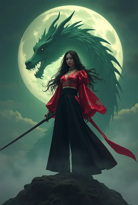 Create an image of a pretty Japanese woman with long hair flowing in the wind, wearing a shiny red top with puffed sleeves and embroidered on the chest, paired with high-waisted wide leg black pants, holding a sword. She is posed dramatically atop a dark, ...