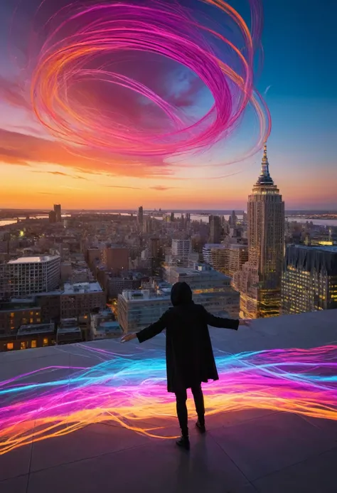 A surreal, dreamlike landscape where reality bends and blends with fantasy. In the foreground, a hand reaches out from a figure cloaked in shadow, as multicolored light trails swirl around their arm, spiraling outward like a plea for help. The cityscape be...