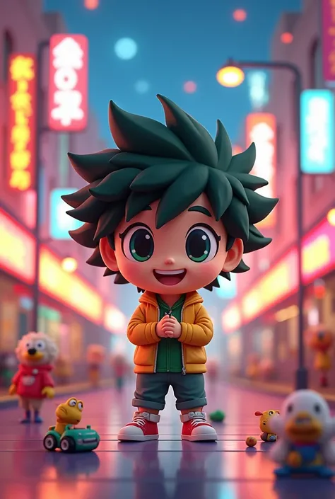 City street, Super cute Izuku Midoriya full body 3D image, 1 unit, good eyes looking, eyes large, cute, glad, C4D, pop matt blind box, bright street light, toys, solid color background, chibi, fluorescent translucency, luminous body, kawaii, dollface, refe...