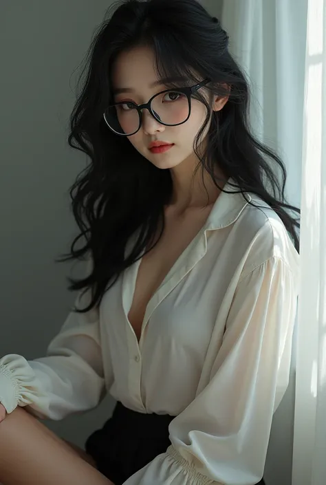 Make a black-haired woman with glasses, white shirt and long hair with stockings and a white shirt where her bust can be seen.