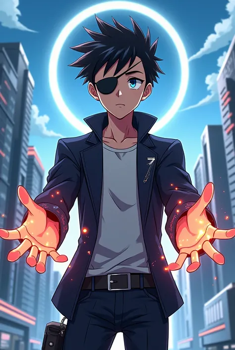 Create an anime style image of boku no hero a boy man with one blind eye and the individuality magnetism