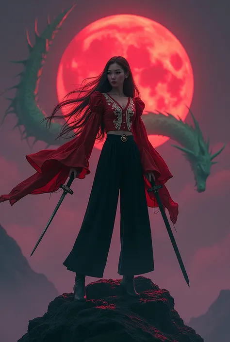  Create an image of a pretty Japanese woman with long hair flowing in the wind, wearing a shiny red top with puffed sleeves and embroidered on the chest, paired with high-waisted wide leg black pants, holding a sword. She is posed dramatically atop a dark,...