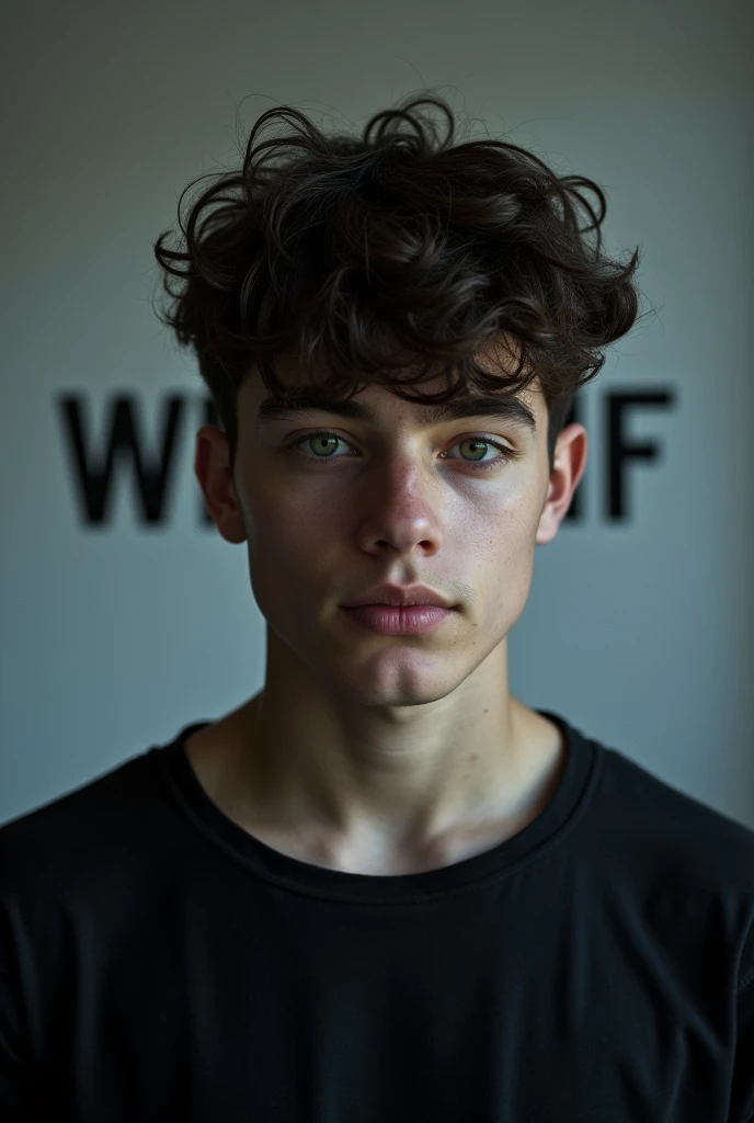 A potrait photo of a 20 years boy who hided his face and whoatif written on background 