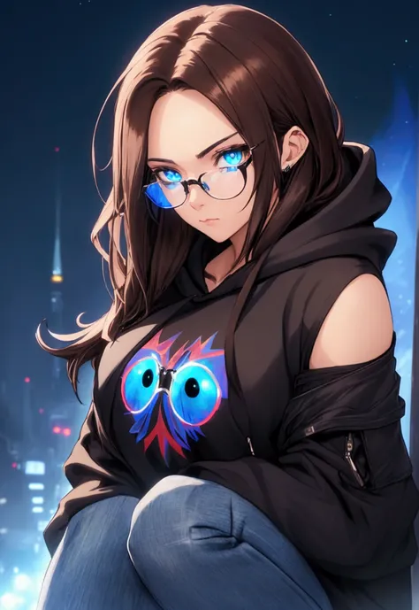 Anime woman (shoulder length brown hair, blue eyes, black hoodie with , jeans, dark framed glasses, clear forehead) with a real animal black wolf with blue eyes on her side. flying colorful Magic lights points. masterpice. epic . beautiful night.