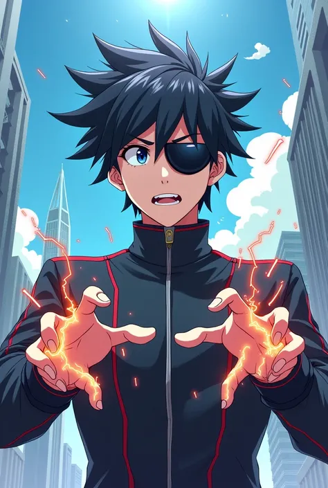 Create an anime style image of boku no hero a boy man with one blind eye and the individuality magnetism