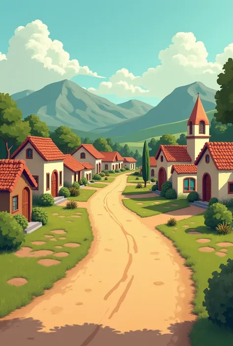 I want an image similar to an animated sitcom, that shows a town, with dirt road, without mountains in the background, a town more in the style of an Argentine town, with a few houses, a church or some kind of store business