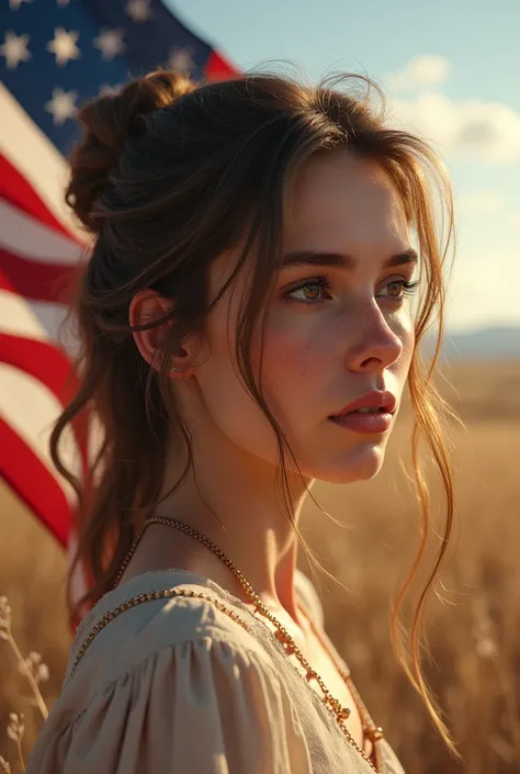 Young woman with light brown eyes looking at the horizon with the United States flag in the background in a landscape