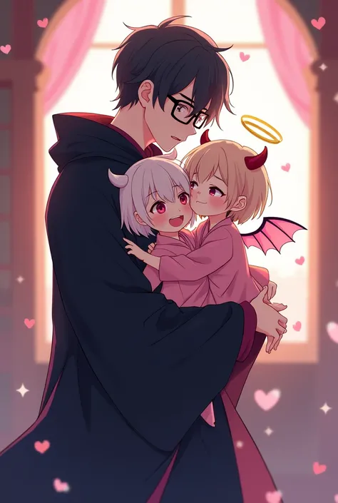 Please draw a male protagonist with square glasses, black hair, and a black wizard robe, like an anime other world Korean, hugging a small, cute, pink-dressed little angel with an angel ring and a little pink-dressed little devil with a devil&#39;s ring an...