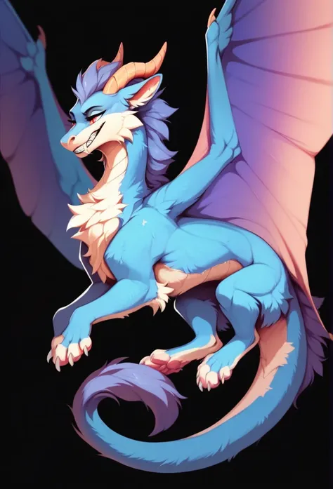 furry art, feral, furred dragon, female, full body, white and blue fur, thicc, wings, horns, tail, chest fluff, paws, fangs,  to...