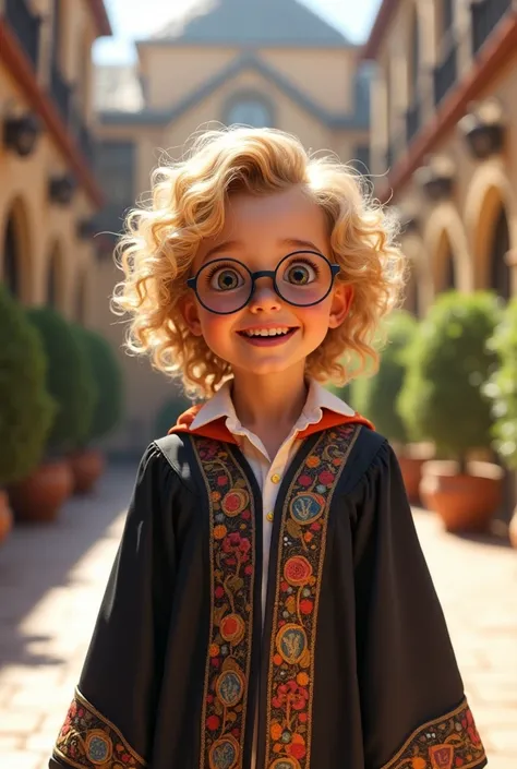 Blonde curly haired child wearing glasses with Disney graduation gown