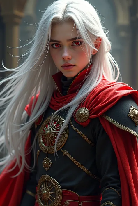 Un jeune homme de  portant une armure de mage rouge et noir . Qui possède un regard insistant, des yeux écarlates ainsi que des cheveux légèrement long très blancs .