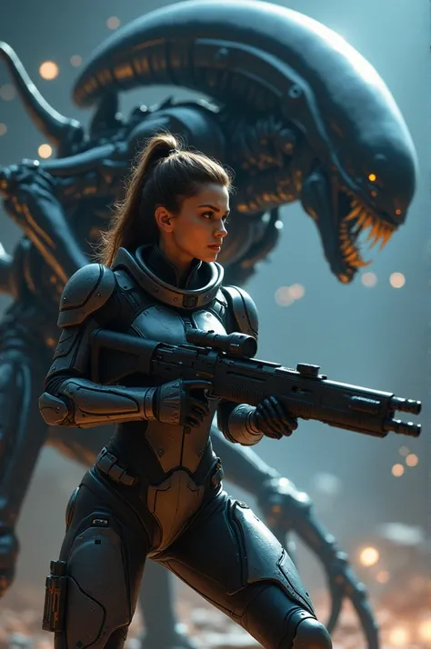 A sexy woman in space marine armor armed with a Lancer rifle killing a xenomorph
