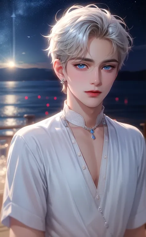 Handsome boy, short hair, blue eyes, Distinctive features, White skin,earrings,night,seaside,Starry Sky