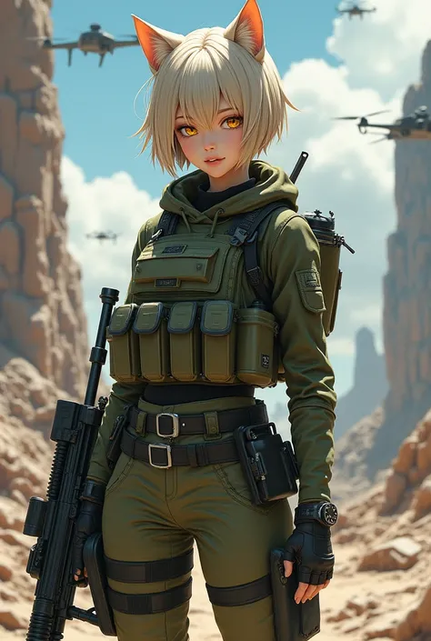 ((Best Quality)), ((masterpiece)), (detailed), (original), (realist), Short hair girl, yellow eyes, cat ears, soft smooth skin, small mouth, pink,  glow, parts, introvert, shy, angelic, perfect full body, belted trousers, pistol belt on leg, knife, Militar...