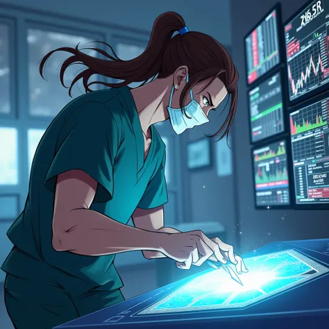 Picture a dynamic anime-style profile featuring a male character with long, flowing brown hair, partially tied back, with a few loose strands framing his face. He’s dressed as a surgeon, complete with scrubs, a surgical mask pulled down to reveal a confide...