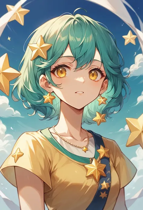 Girl with long dark turquoise hair, yellow eyes, yellow star pin in her head. Like a tourist visiting the country of Chile, wearing a flowered dress 