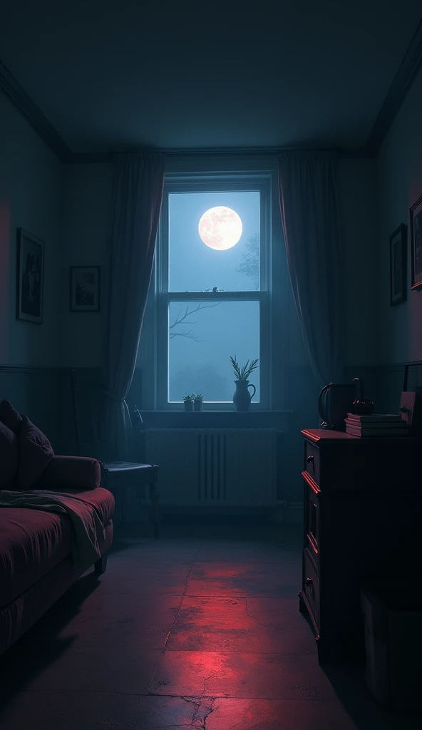 A dark night scene in a room, moonlight streaming through a window, soft blue and red color palette, elongated shadows, minimalist illustration, cinematic lighting, dramatic atmosphere, chiaroscuro effect, moody ambiance, atmospheric, muted tones, deep sha...