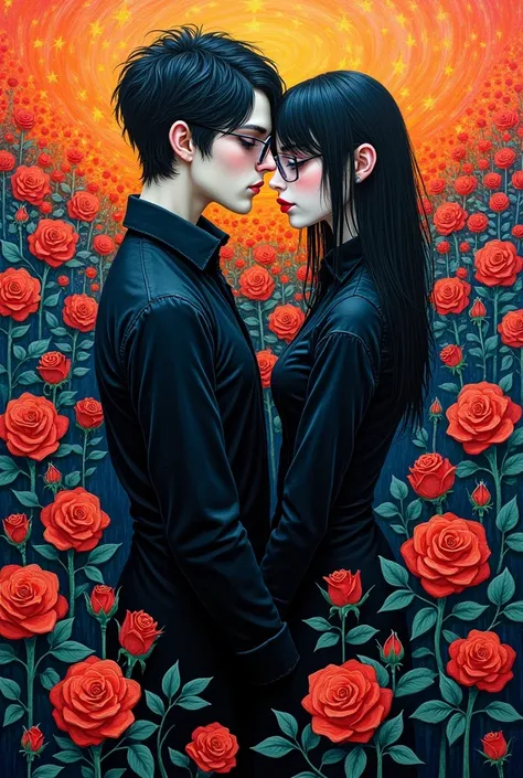 Van Gogh style painting of a couple, a short haired goth and a long haired goth with glasses in a field of roses