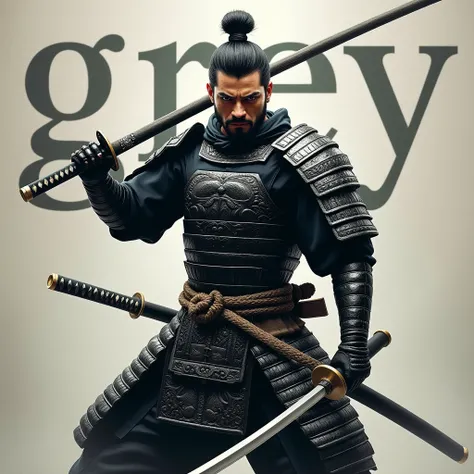 To create the realistic image like a photograph, imagine a fierce male slave samuraï in fighting posture with a katana, no helmet, dressed in black and silver integral detailed armor, who catches the light in a captivating way. it is written "Grey" in larg...