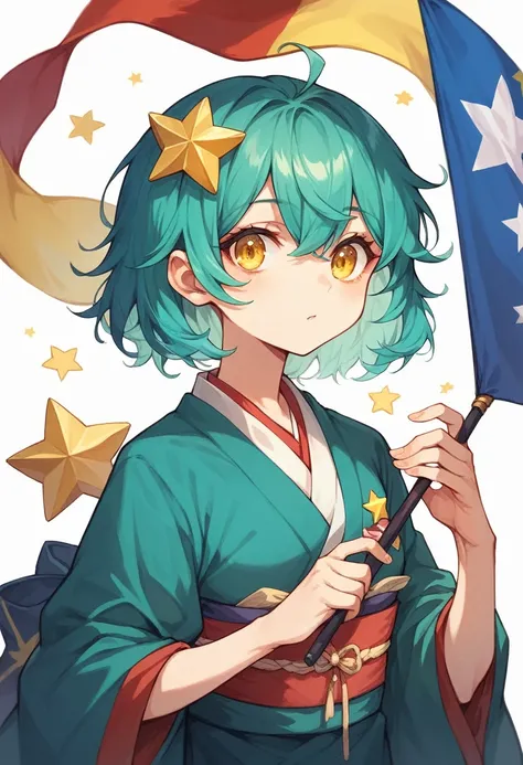 Girl with long dark turquoise hair, yellow eyes, yellow star pin in her head, japanese dress, chilean flag on the back 