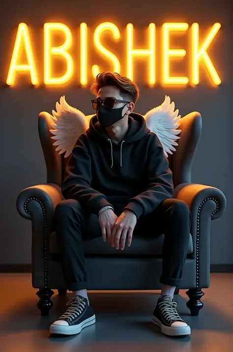 [HOODIE] - " Create a 3D illusion for a profile picture where a  cute boy in a black hoodie Sitting casually on a Wingback chair. Wearing sneakers, with black mask, and sunglasses, he looks ahead. The background features " Abishek" in big and capital Yello...