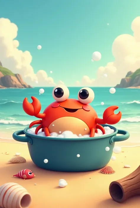 Un crabe mignon qui se baigne dans une marmite sur la plage version animé 