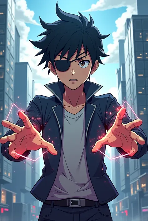 Create an anime style image of boku no hero a boy man with one blind eye and the individuality magnetism