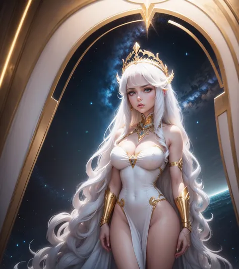 LONG WHITE HAIR, GOLDEN TIARA ON THE HEAD, BIG WHITE HAIR, sexy goddess，best quality，Caucasian skin como a neve，High quality 8K，sexy goddess，A pair of big eyes is beautiful and touching，coroa de gold，Dress with white veil，Caucasian skin，make up，Long haired...