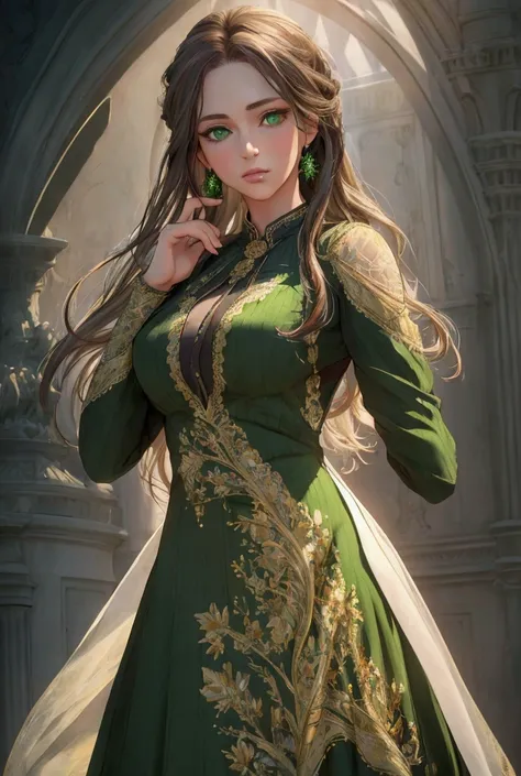 (8k, RAW photo, best quality, masterpiece:1.2), (realistic, photo-realistic:1.37),1girl, dress, green eyes, long hair, ultra detail cloth, beautiful decoration on dress,