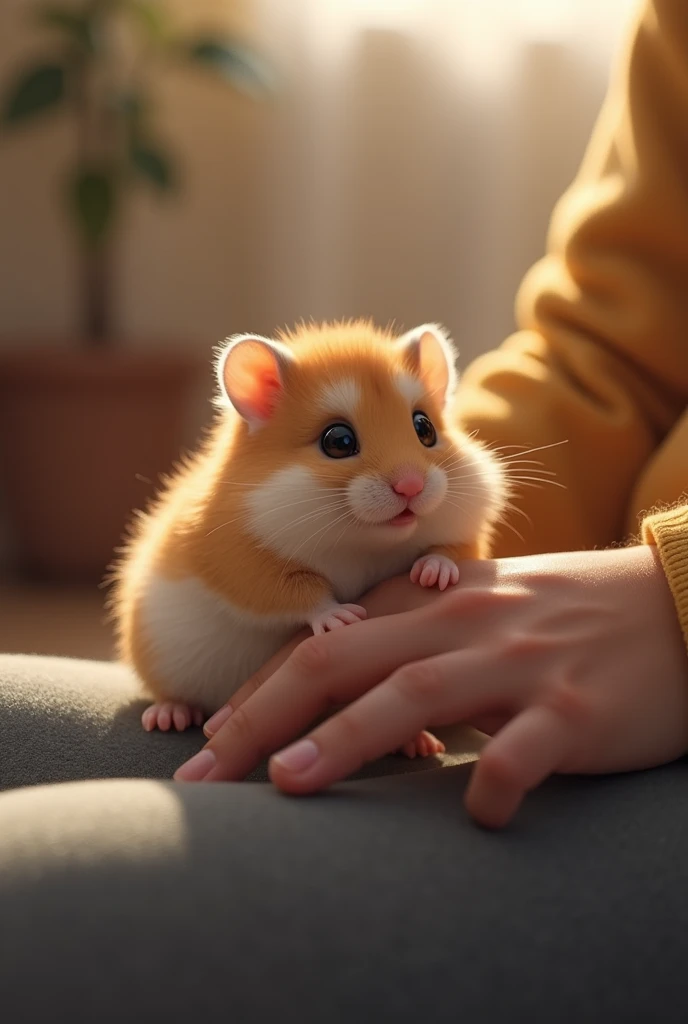 A hamster sits on a persons leg 