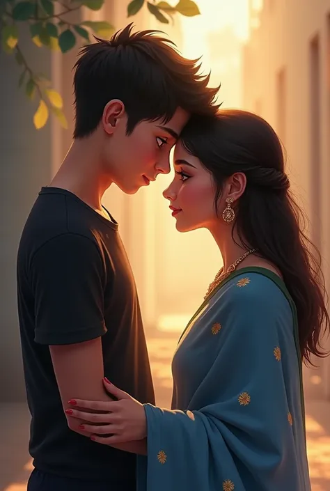 A boy with  and wear a black shirt his confessing his love to his lover who is in blue saree and his kissing on her forehead 
