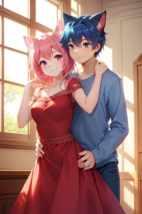 smiling, pink spiky hair with cat-like ears, red dress, soft material, no visible accessories, standing, looking at each other, one hand on shoulder, smooth skin, light blue shirt, blue jeans, indoor setting, soft lighting, casual and playful atmosphere, f...